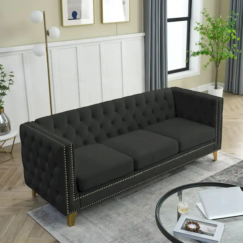 Velvet Upholstered 3 Seat Sofa,  Tufted Square Arm Sofa with Nailheads and Metal Legs