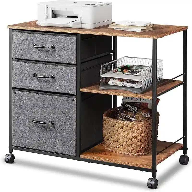 Light Grey / Rustic Brown / Black / White 3-Drawer Mobile File Cabinet with Wood Top, Open Shelves & Lockable Casters