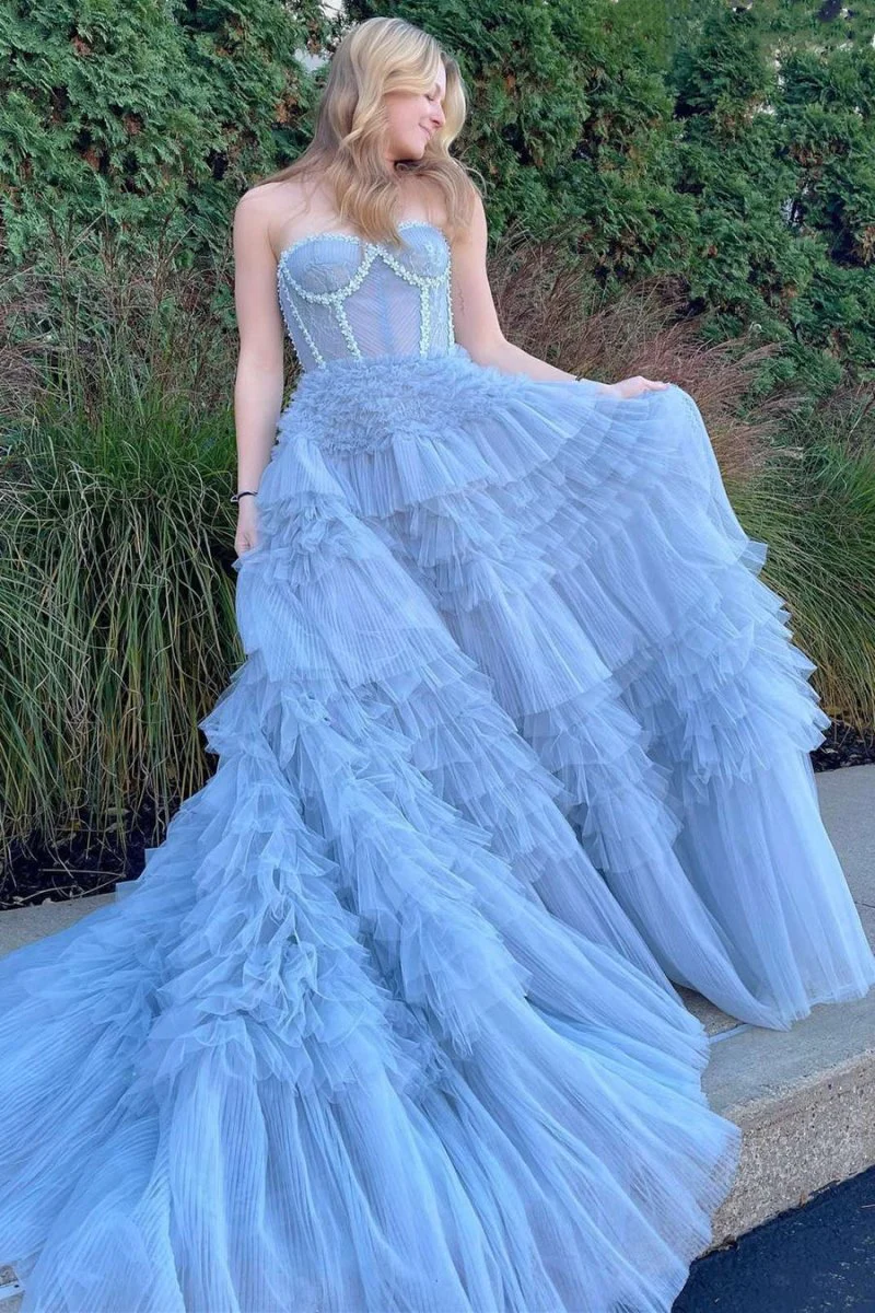 Princess A-line Strapless Tiered Tulle Prom Dress