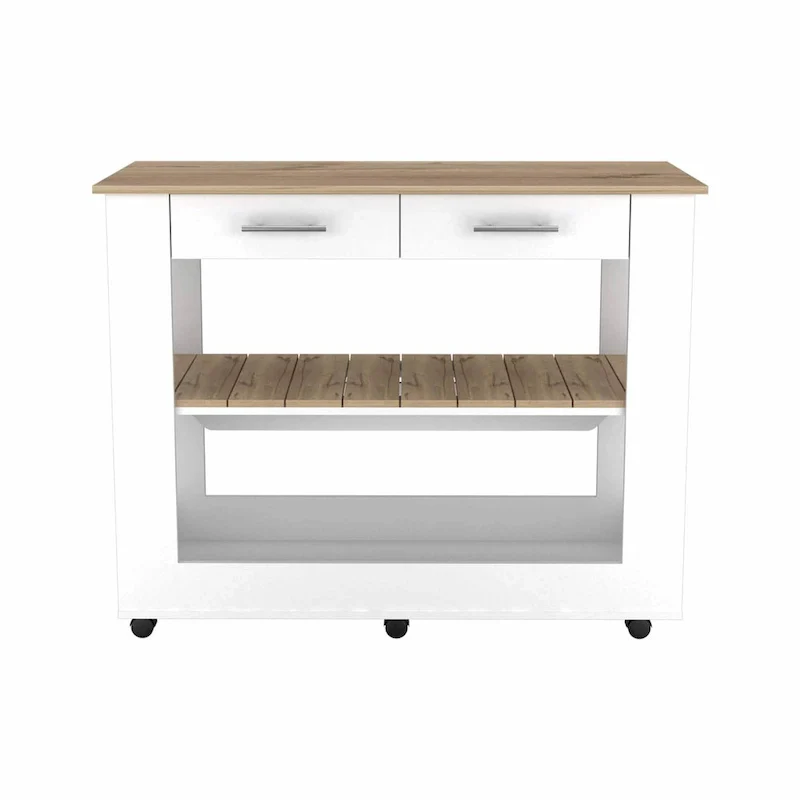 Light Oak and White Kitchen Island with Drawer Shelves and Casters - 20 X 40 X 20