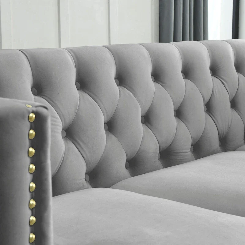 Velvet Upholstered 3 Seat Sofa, Classic Chesterfield Couch Buttons Tufted Square Arm Sofa with Nailheads and Metal Legs