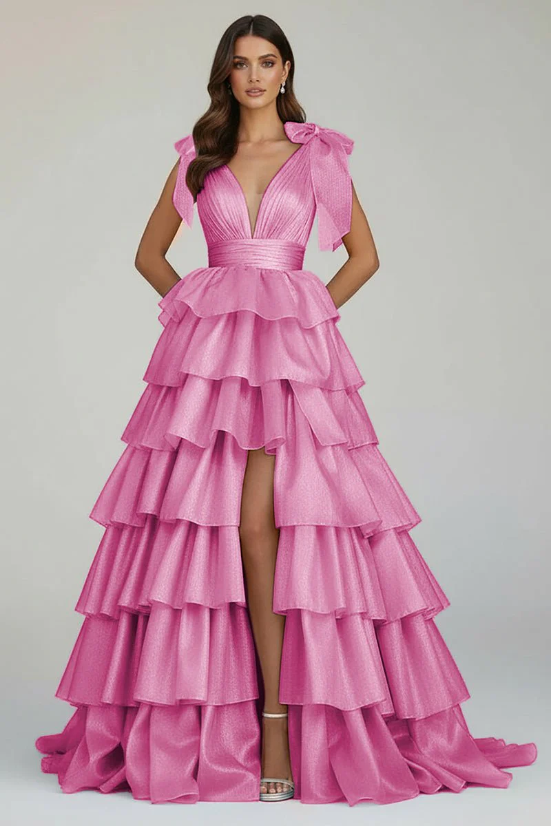 Glitter Tie Straps Pink Plunging Neck Tiered Long Prom Dress