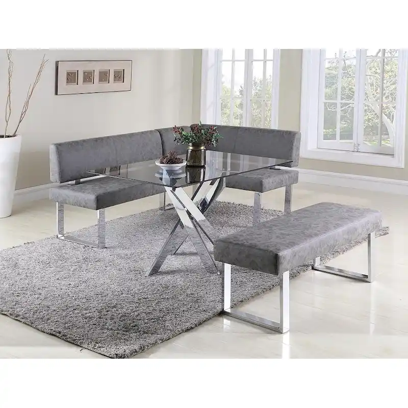 Grey Reversible Dining Nook with Stainless Steel Legs, Set of 2