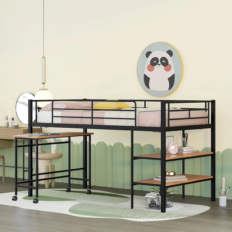 Black Twin Size Metal Loft Bed with Desk & Shelves | Kids & Teens