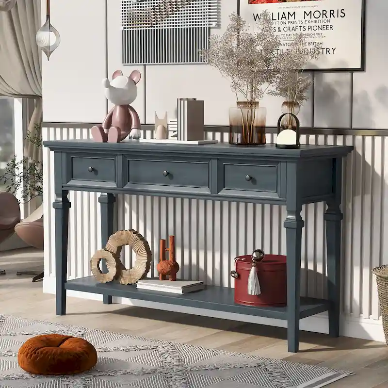 Retro Console Table with 3 Drawers & Bottom Shelf – Navy Blue / Antique White / Grey Wash / Espresso