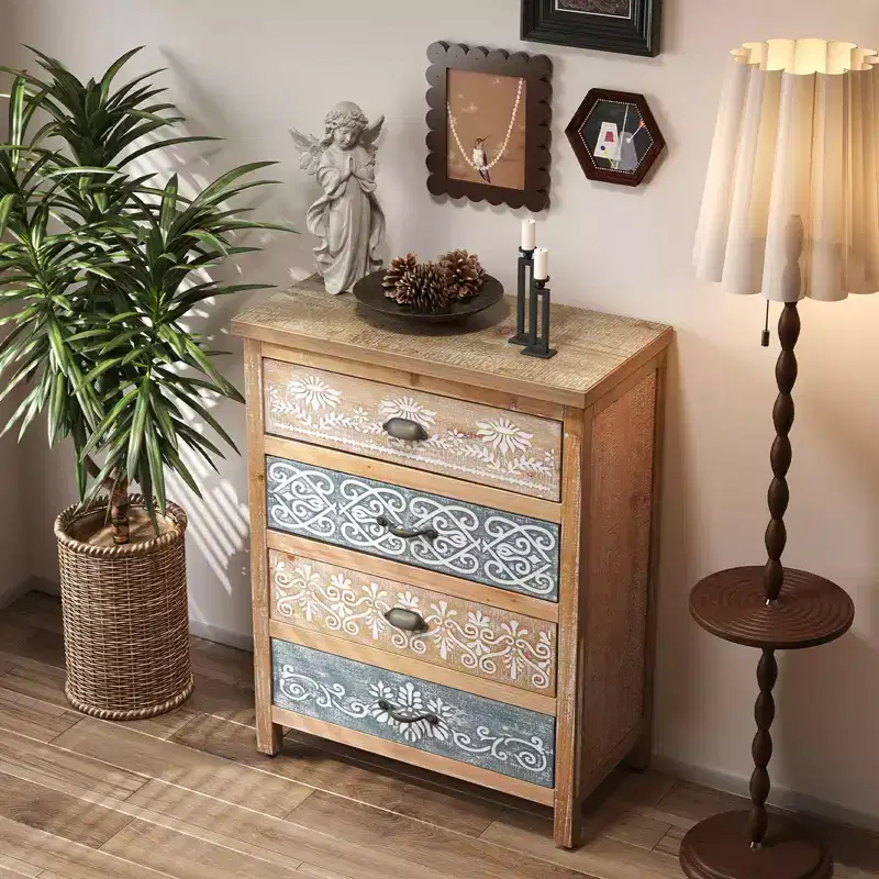 MAYEERTY Vintage 4 Drawer Chest with Distressed Wood & Ornate Pattern Design Rustic Storage Dresser for Living Room