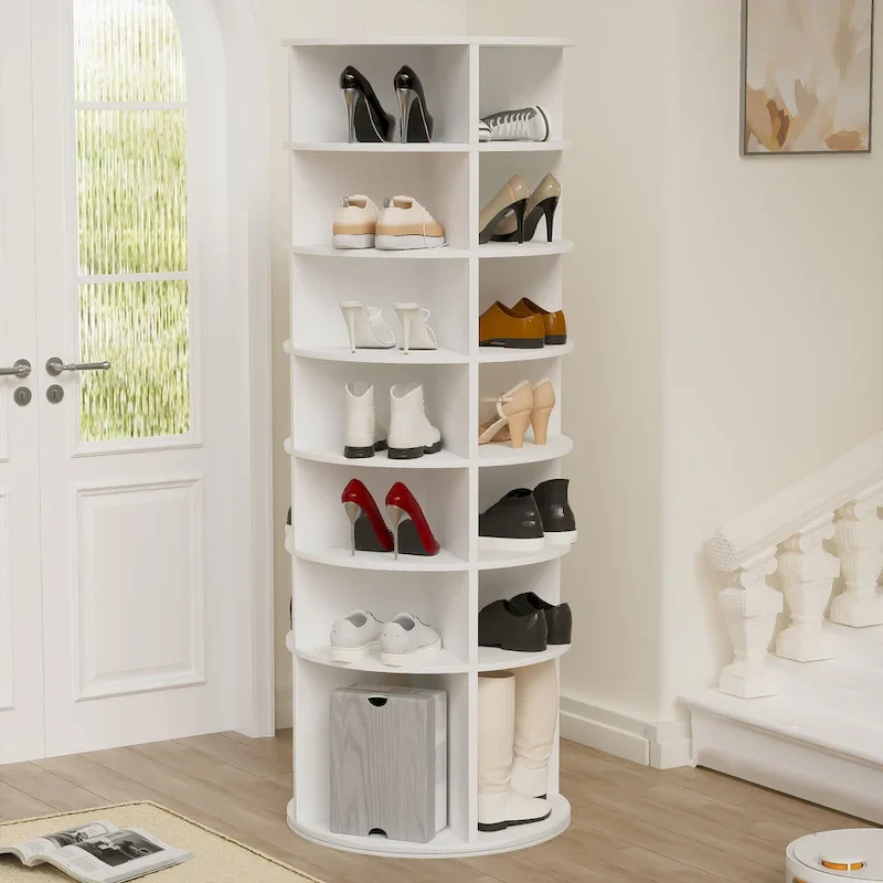 White 7-Tier 360° Rotating Shoe Rack Tower – Fits 28 Pairs