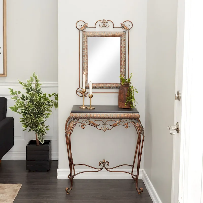 Metal Leaf Console Table with Mirror with Scrolled Legs - Set of 2 Bronze - Roche River Decor - 1W x 23L x 32H