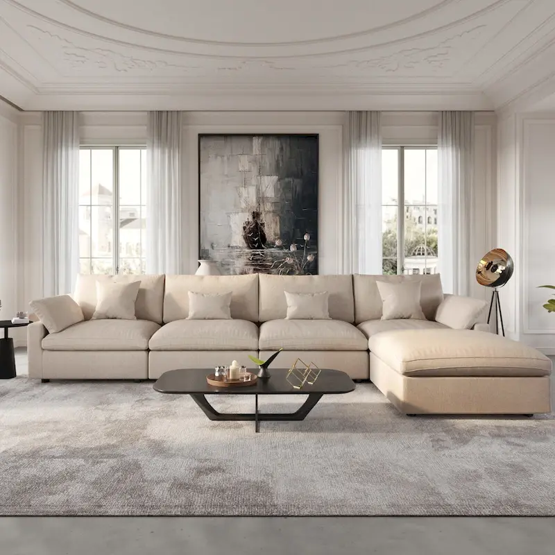 Modular Sectional Sofa Cloud Couch with Ottoman, L Shaped Linen Blend Fabric Minimalist Sectional Sofa for Living Room, Khaki