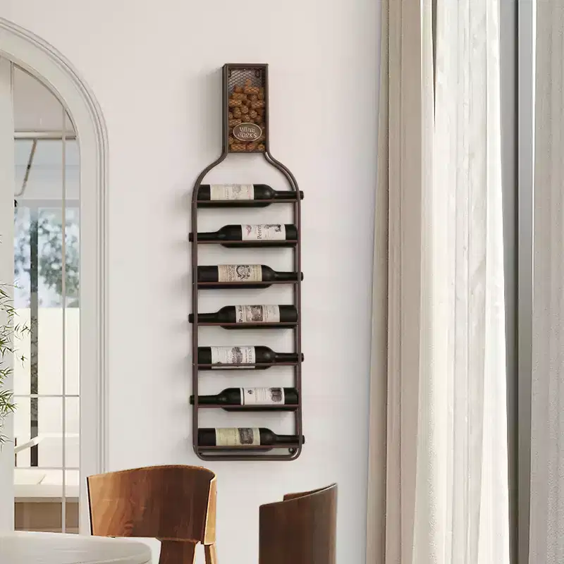Vintiquewise Decorative Wall-Mounted 7-bottle Metal Wine Rack with Mesh Cork Catcher, Stylish Champagne, White, and Red Wine Storage