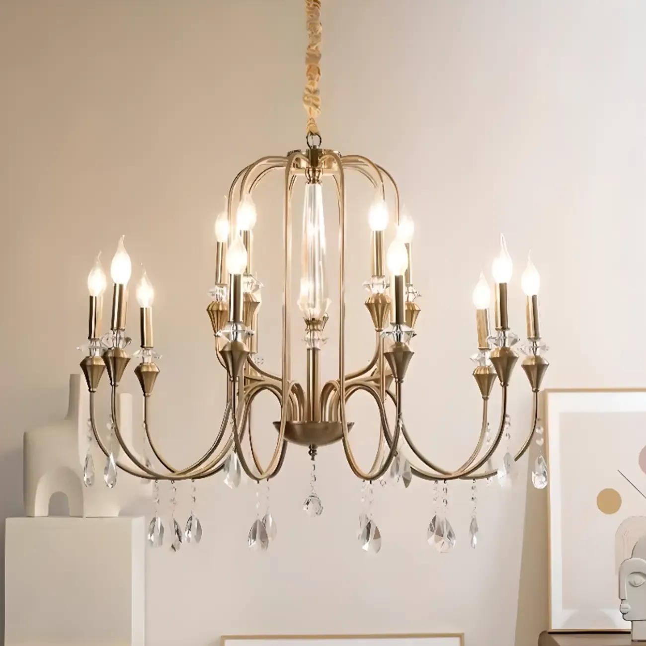 Mid-Century Modern Metallic Alloy Candle Chandelier with Crystal