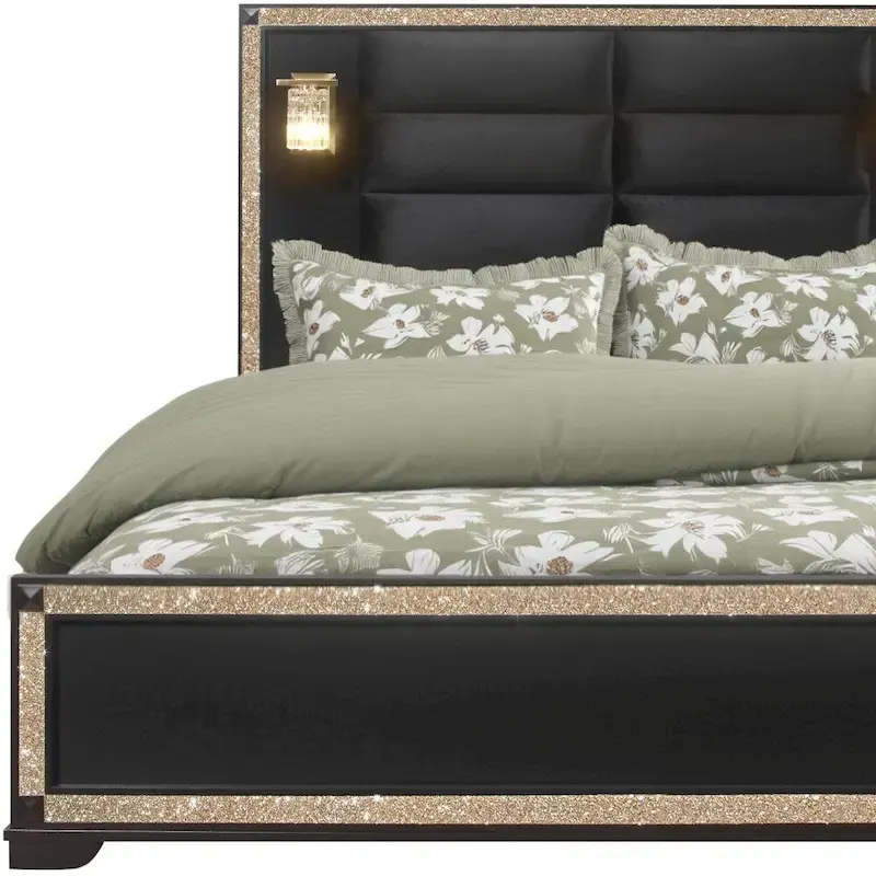 HomeRoots Black Faux Crystal Bling Wood And Upholstery Lighted Queen Bed Frame