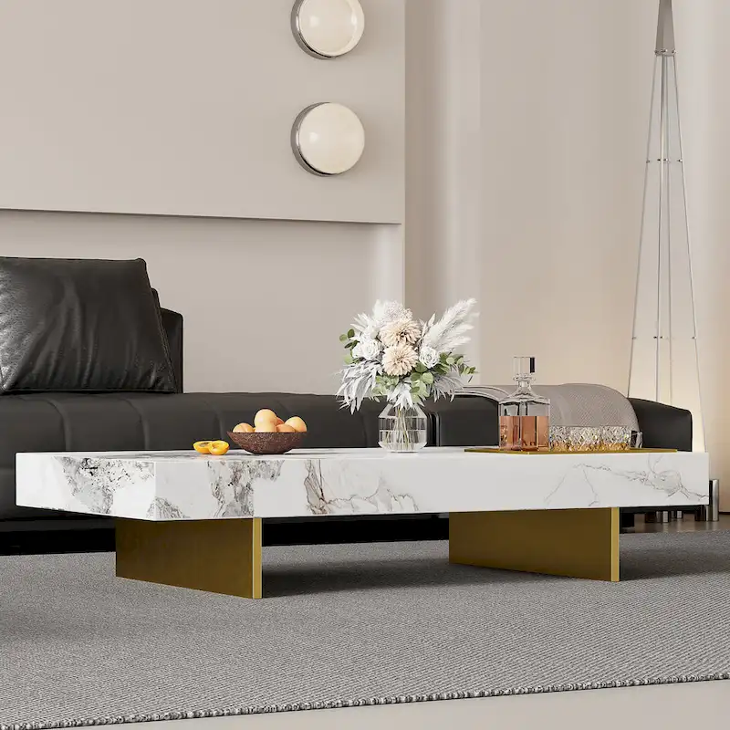 Modern 42 Faux Marble Square Coffee TableGlossy Sintered Stone Tabletop