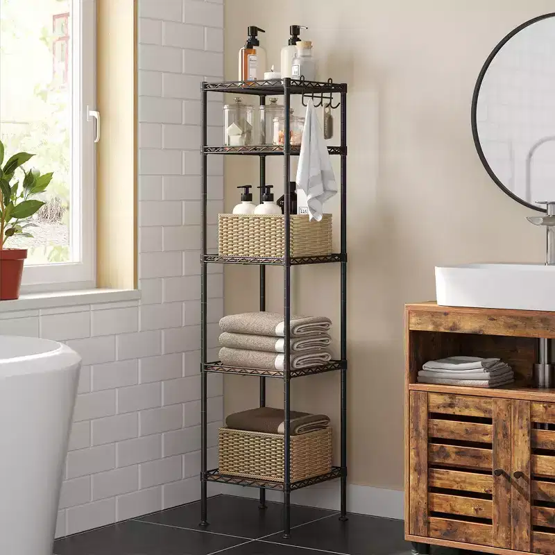 SONGMICS 5-Tier Bathroom Shelf, Storage Rack for Small Space, with 5 PP Shelf Liners, Removable Hook, Extendable Design