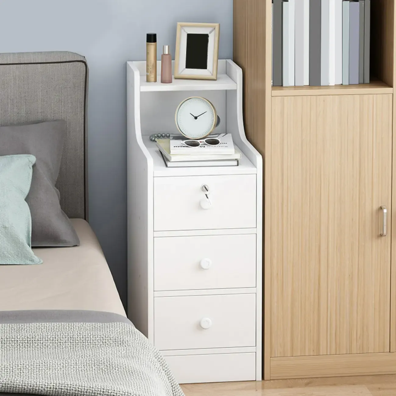 Narrow White Wood Nightstand with Drawers & Shelf