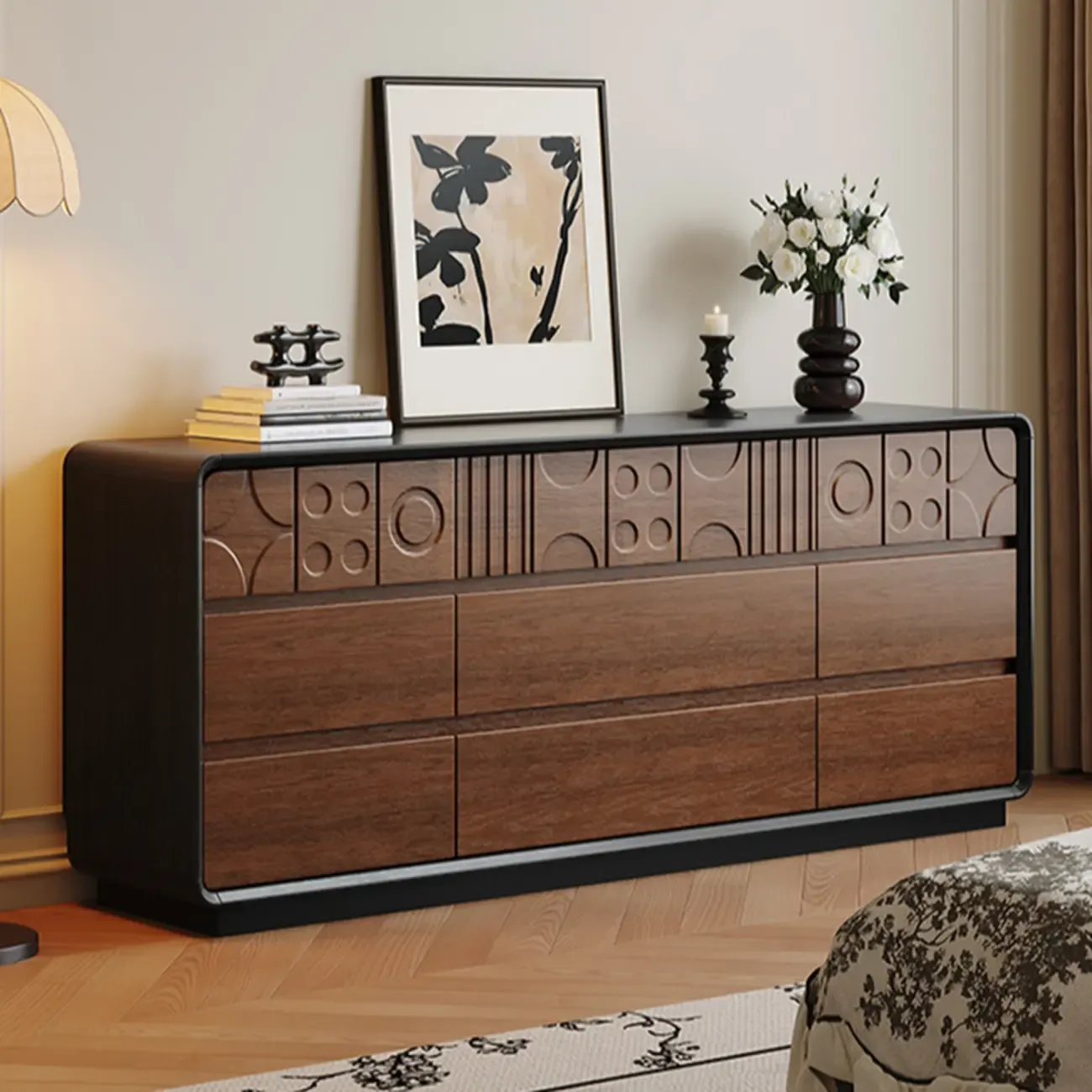 Modern Walnut Wood Buffet with Storage Drawers