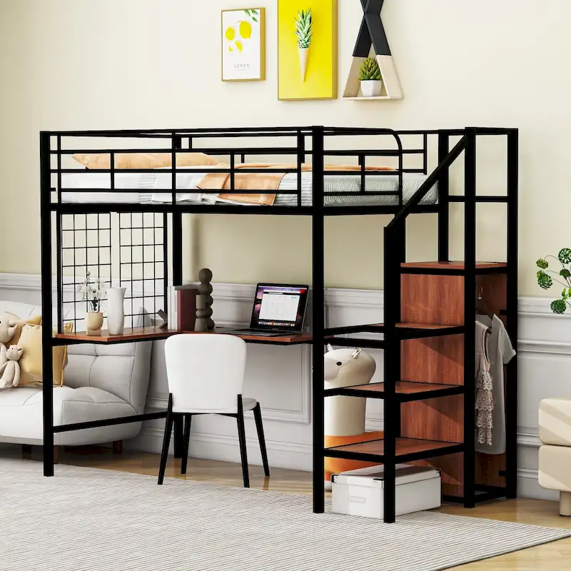 Twin Size Metal Loft Bed with Desk & Metal Grid, Stylish Metal Frame Bed with Lateral Storage Ladder & Wardrobe, Black