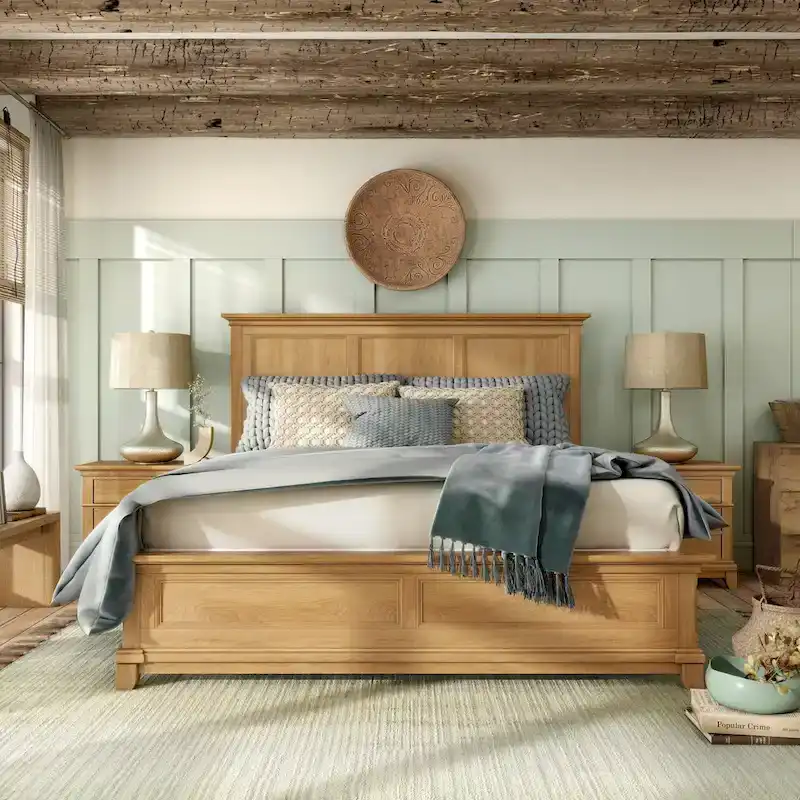 Furniture of America Wellington Farmhouse Natural Oak Solid Wood Panel Bed