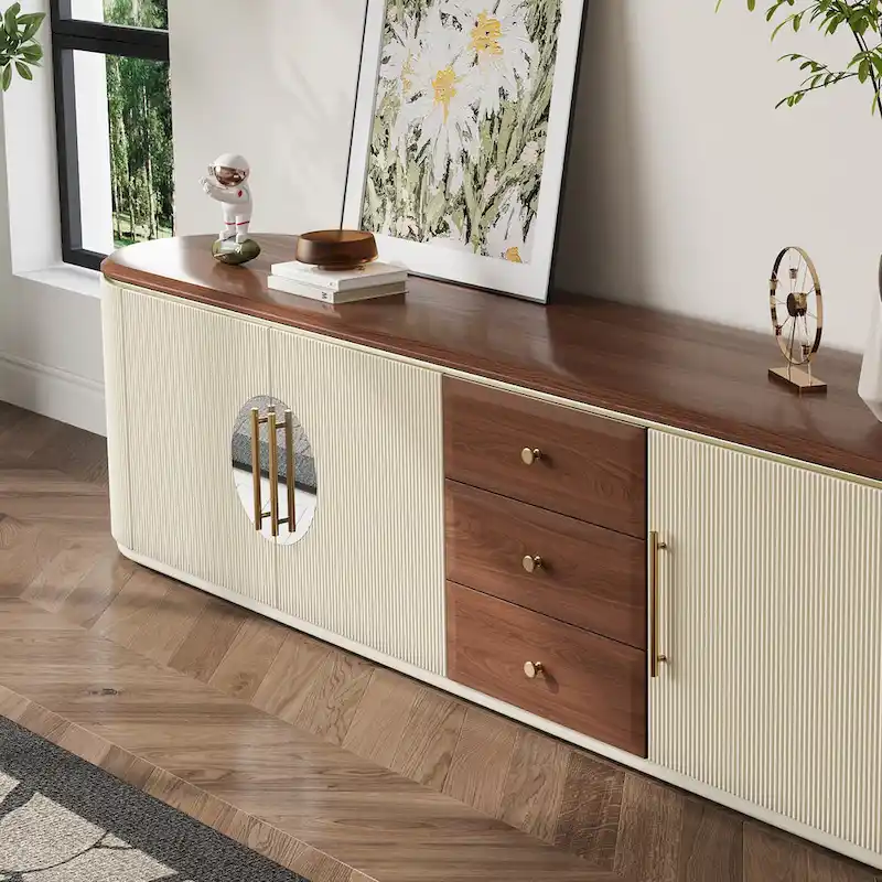 78.74 Mid-Century TV Stands, Brown Solid Wood Veneer, Media Console With 5 Cabinets,3 Drawers, Beige,Fully Assembled - 78.74