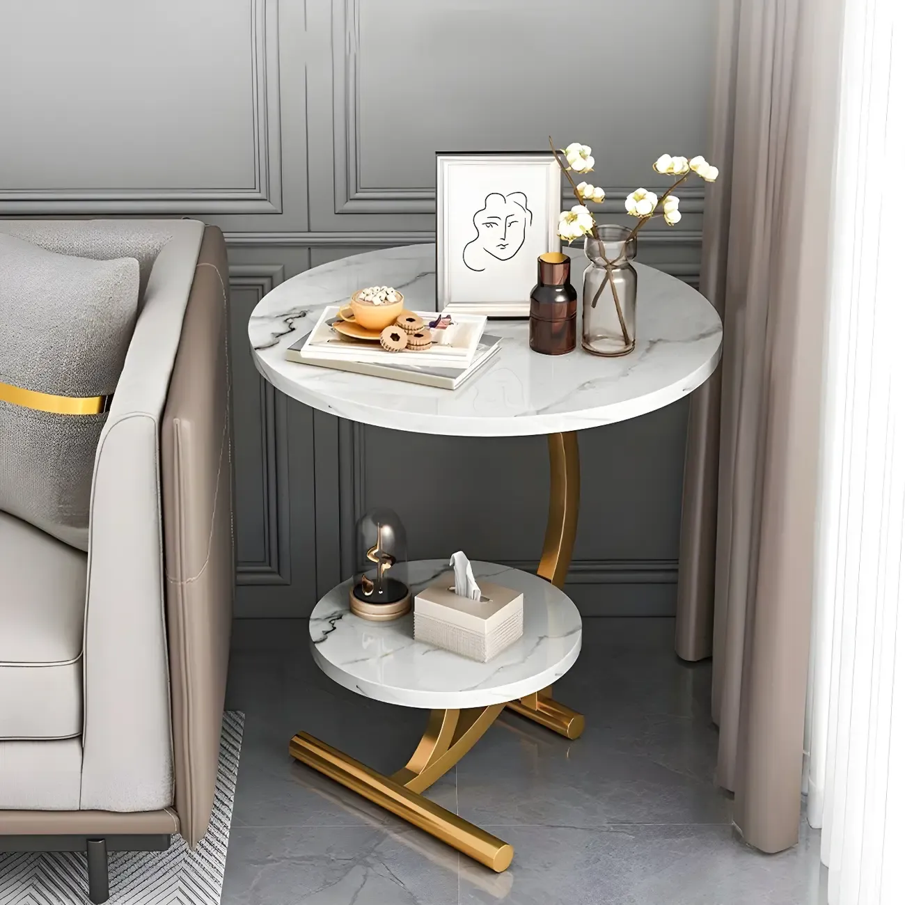 Modern Metal Frame Elegant Round Double Layer Nightstands