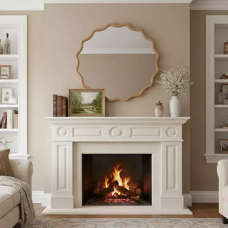 Whisen 36 Wavy Round Decorative Mirror, Solid Wood Frame, Entryway