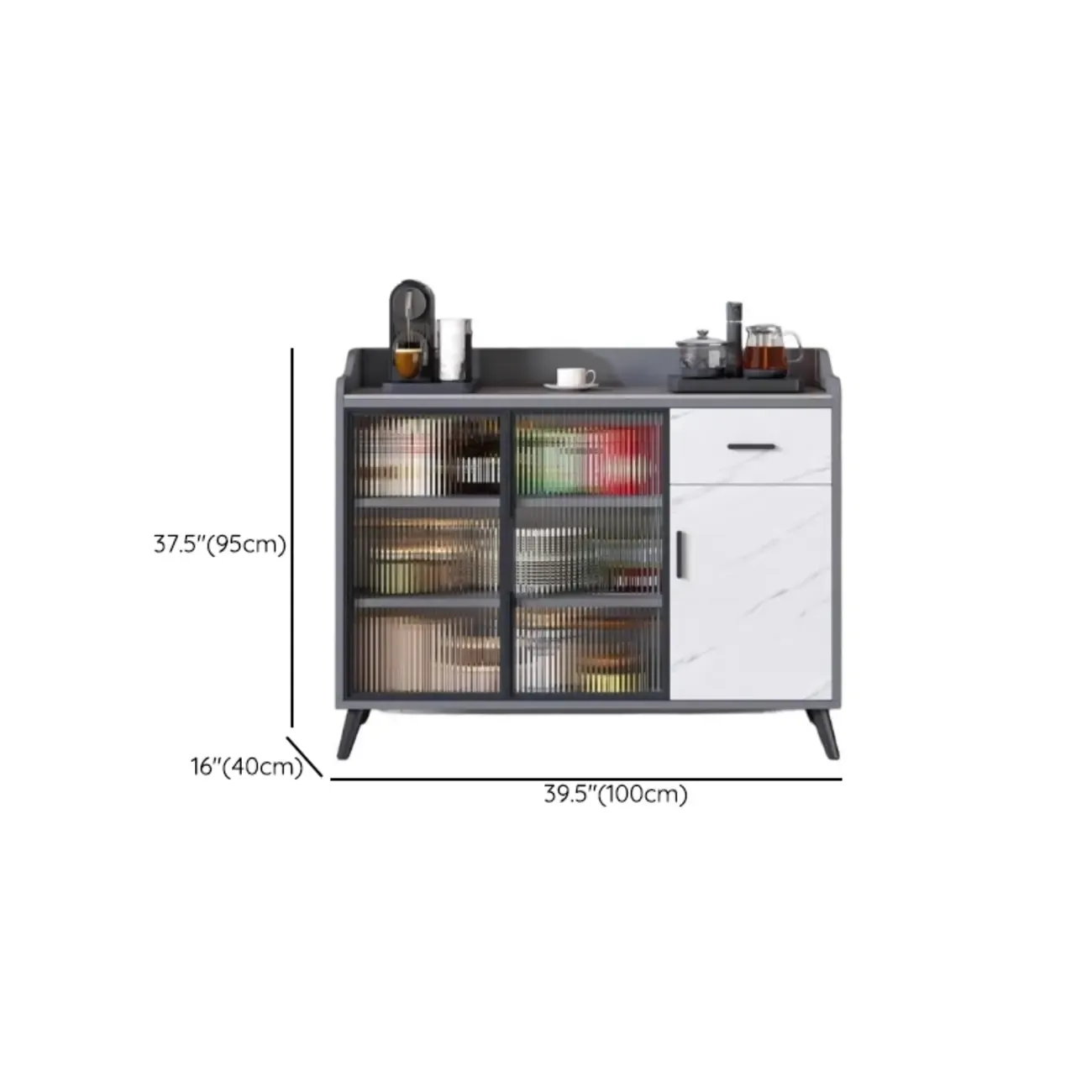 Modish Multi-Compartment Stone-Top Wood Buffet Cabinet