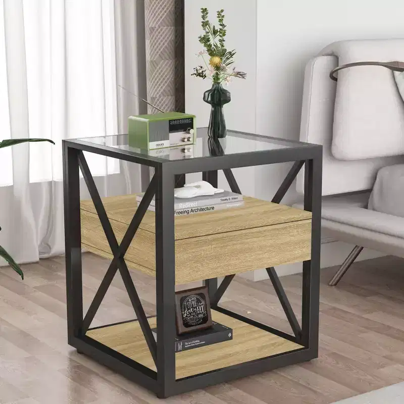 TUYOHW 1 PC/2 PCS Industrial Nightstand with Tempered Glass Top & Drawer,End Table with X-Frame,Side Table for Living Room,Bedroom,Home Office