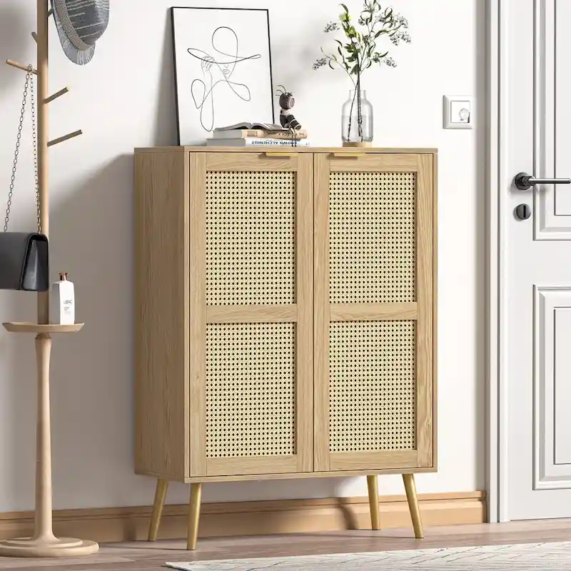 16 Pairs Rattan Shoe Storage Cabinet Freestanding Shoe Rack Organizer for Entryway