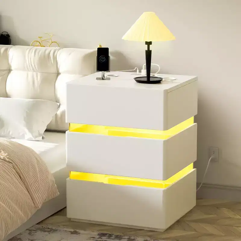 VINGLI White Nightstand with Charging Station, Led Nightstand, 3 Drawer Nightstand, Smart Nightstand