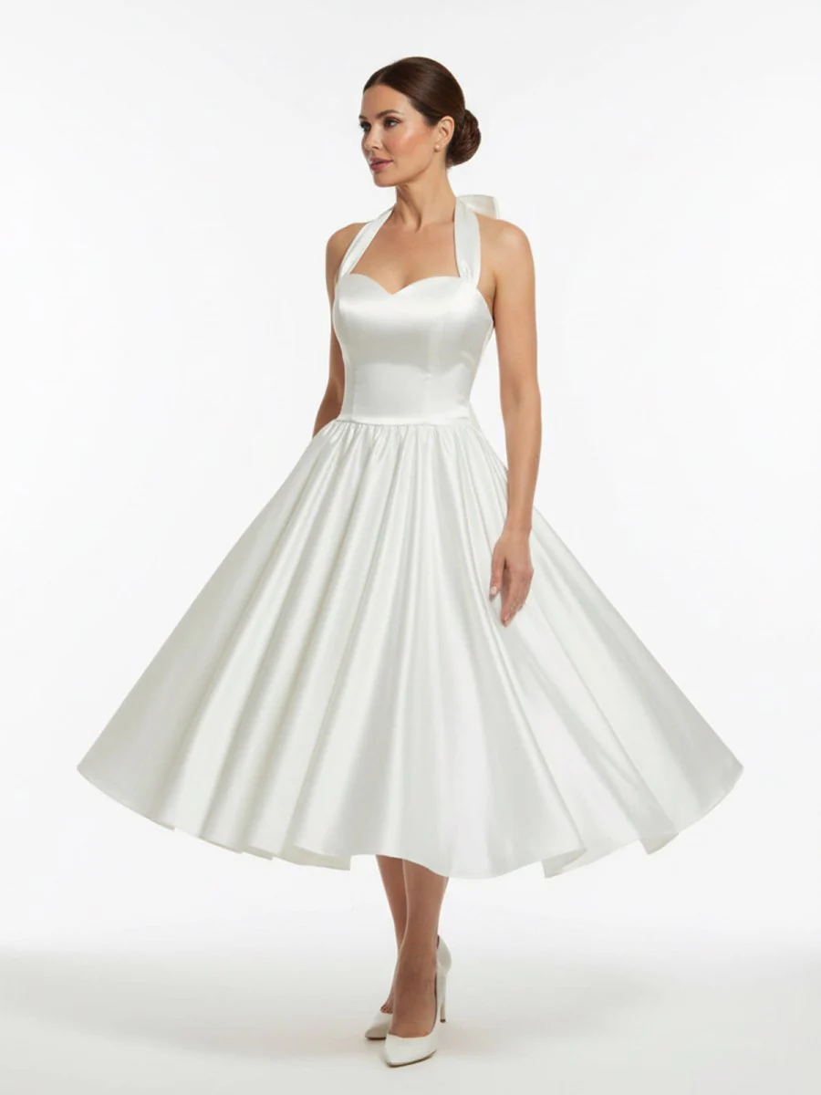 White A-Line Halter Sleeveless Tea Length Satin Bridal Gowns With Bow(s) Pleats