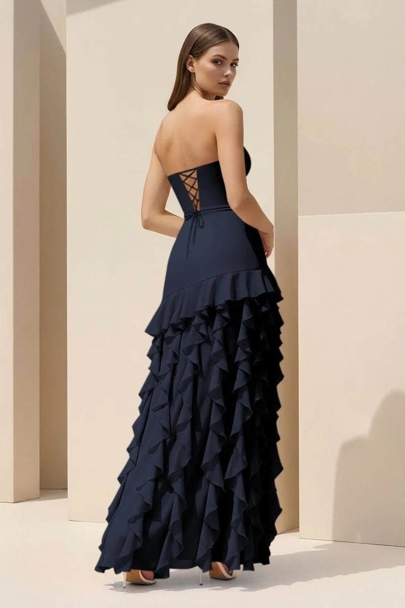 Pink Sheath Strapless Chiffon Long Prom Dresses With Ruffles