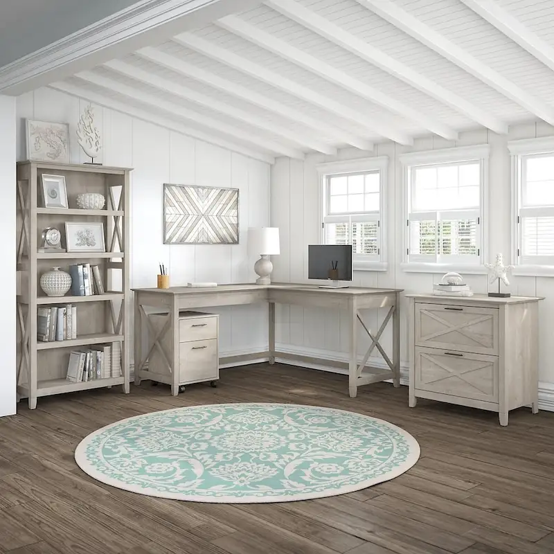 Key West 60W L Desk with File Cabinets and Bookcase by Bush Furniture