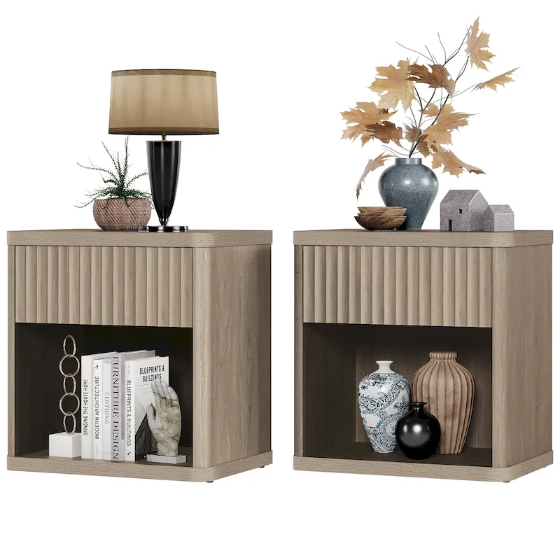 Grey/Black/Beige Fluted Nightstand with Drawer & Open Shelf, Set of 2
