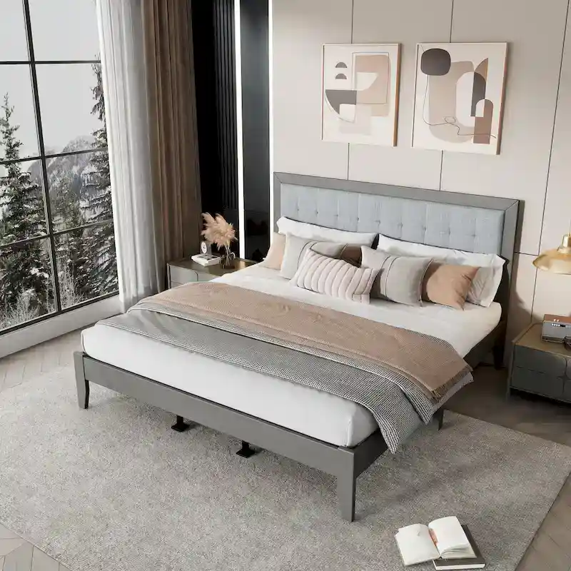 Grey King Bed Frame with Upholstered Headboard, Solid Wood, Fits 2
