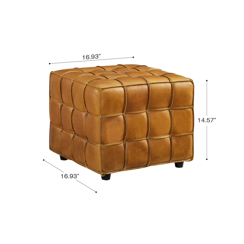 Art Leon Top Grain Leather Square Pouf Ottoman