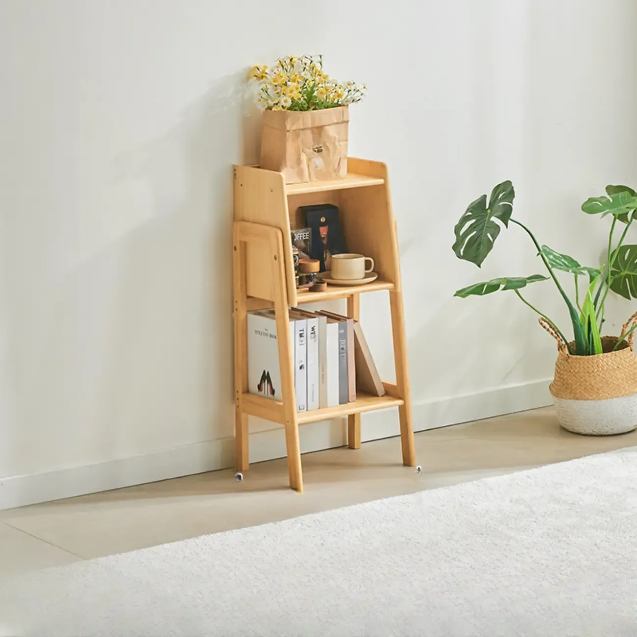 Scandinavian Narrow Brown Wood Multi-Tier Ladder Bookcase