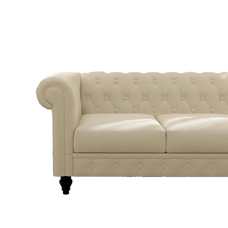 Elegant Beige Chesterfield Sofa - 3-Seater Velvet with Tufted Buttons & Wooden Legs