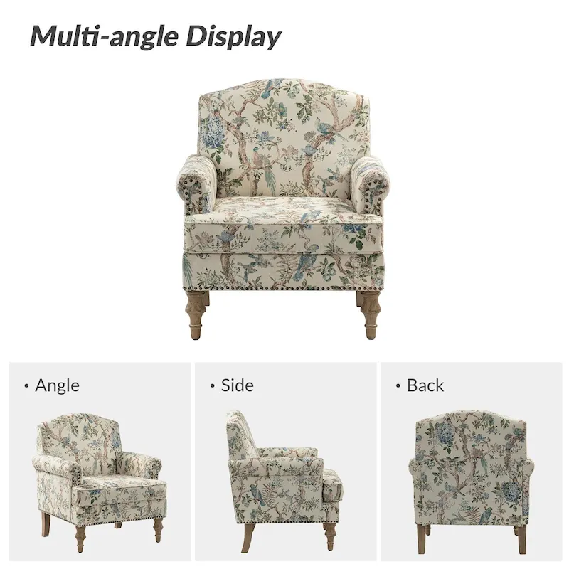 Grey/Navy Farmhouse Nailhead Camelback Armchair, 1-Person