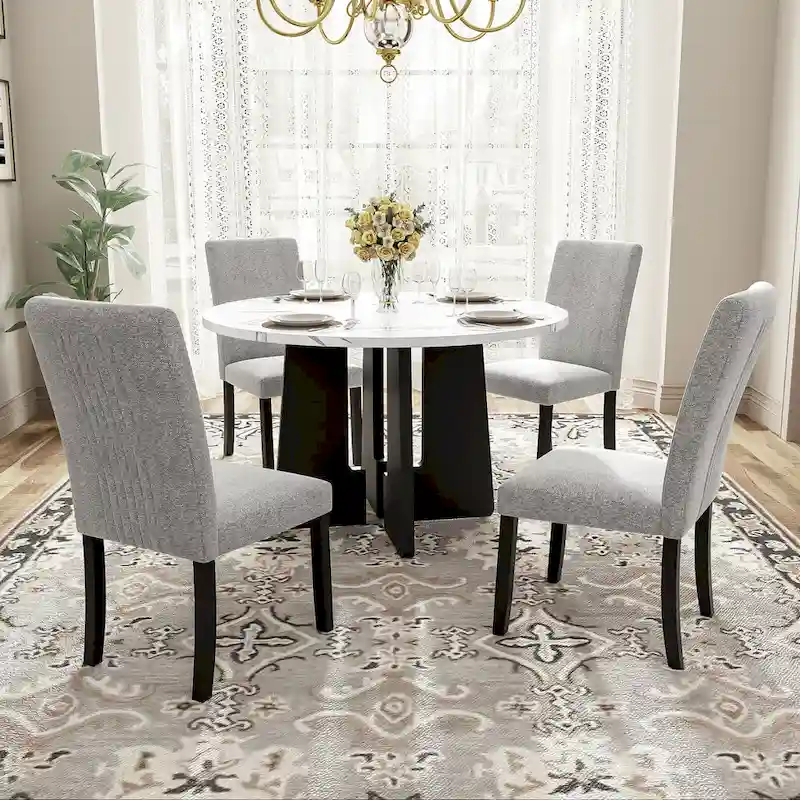 5 Piece Kitchen Table and Chairs Set, 4 People Round Dining Table Set, 4 Upholstered Chairs with Rubber Wood Legs