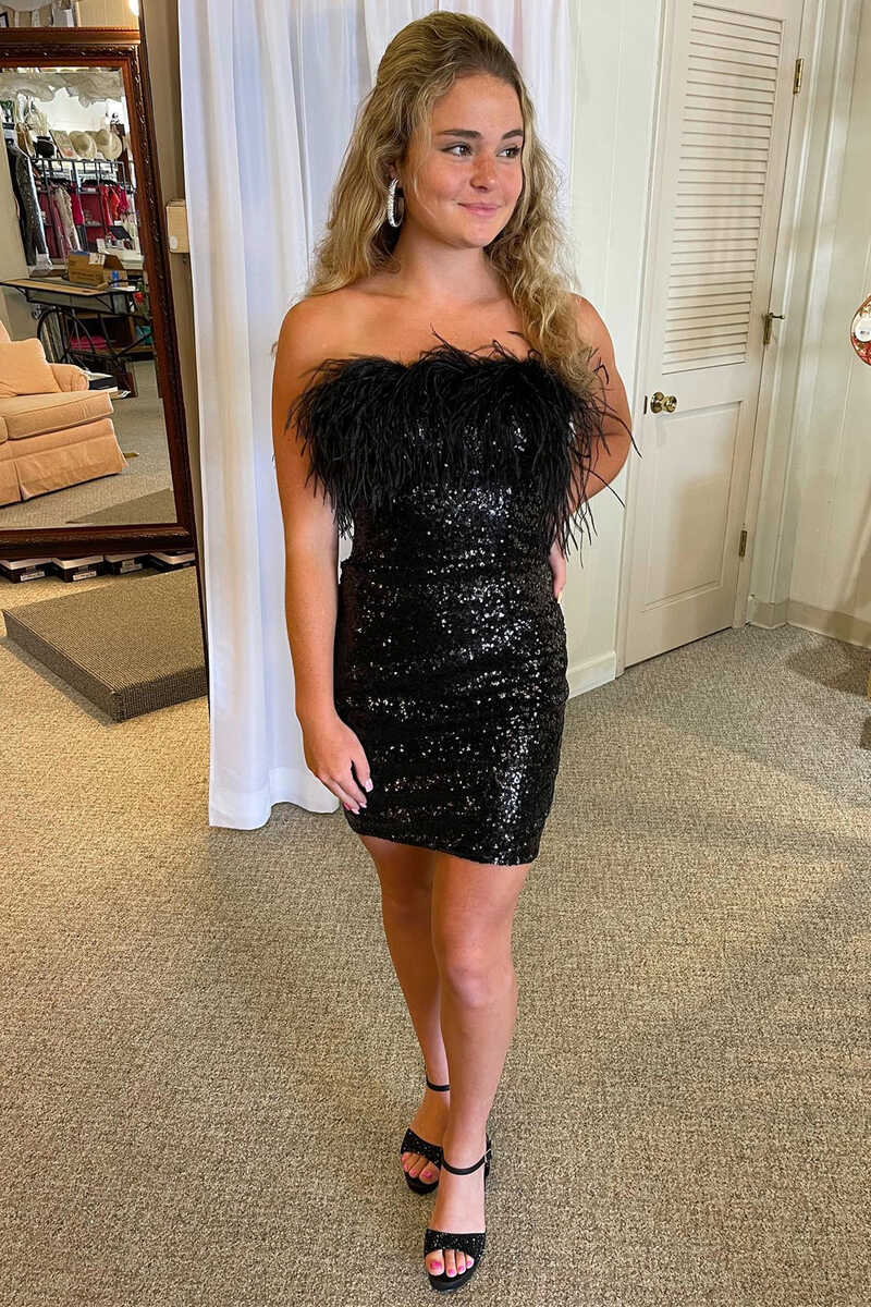 Black Sheath Sequin Mini Party Dresses with Feather
