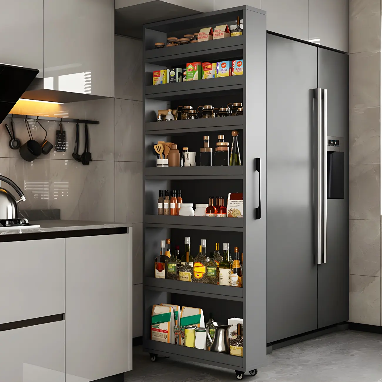 Modern Wooden Buffet Table with Open Shelves and Caster