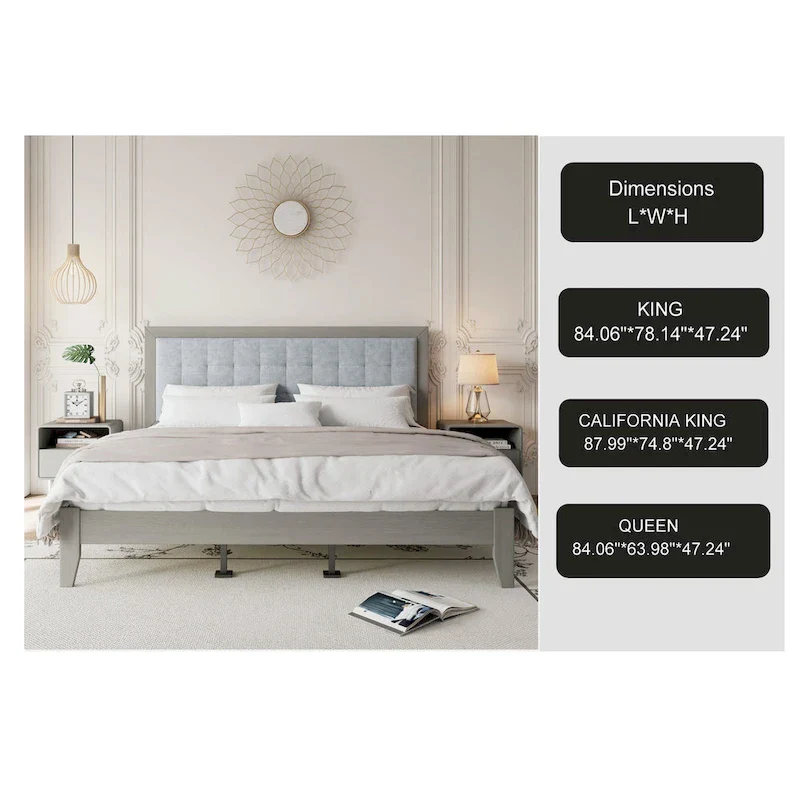 Grey King Bed Frame with Upholstered Headboard, Solid Wood, Fits 2