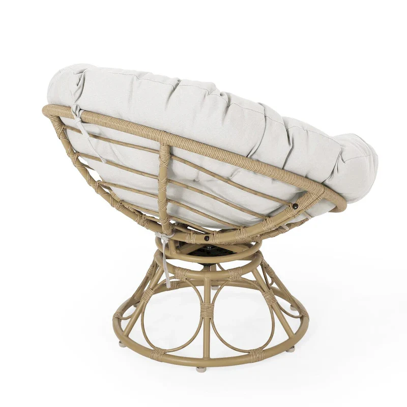 Brown Wicker Swivel Papasan Chair with Tufted Fabric Cushion