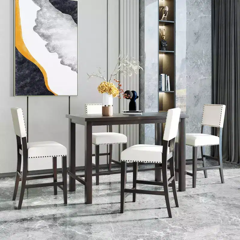5 Piece Dining Table Set Counter Height Dining Set with Classic Elegant Rectangel Table and 4 Padded Chairs for Kitchen Dining Room