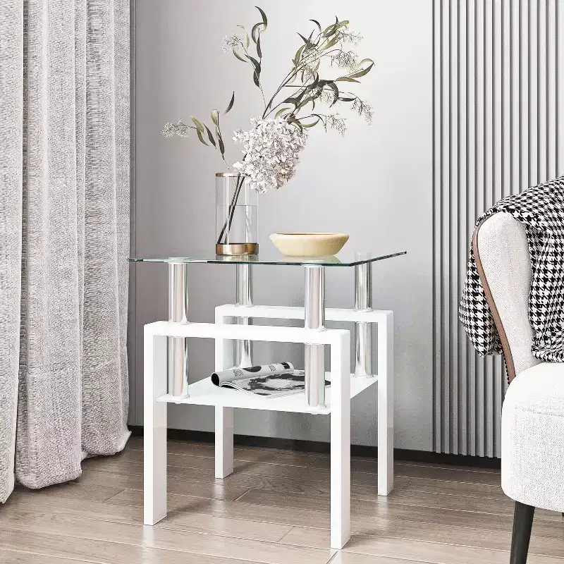 MAYEERTY Modern Tempered Glass End Table, Square Side Table for Living Room Bedroom, Transparent