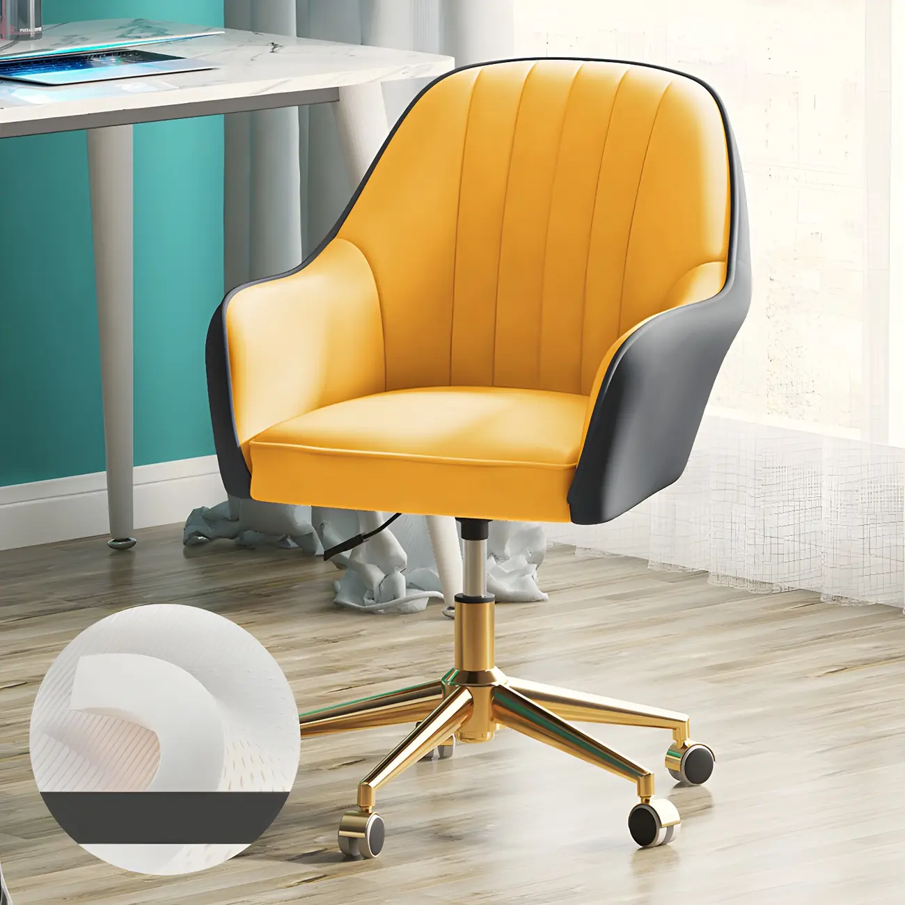 Modern Yellow Leather Swivel Office Chair