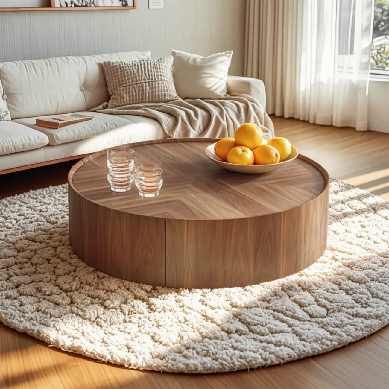 Brown Round Wood Tray Top 2 Drawers Coffee Table