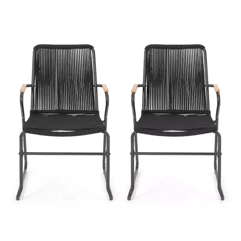 GDFStudio Miriam Outdoor Iron and Rope Weave Club Chairs (Set of 2), Black