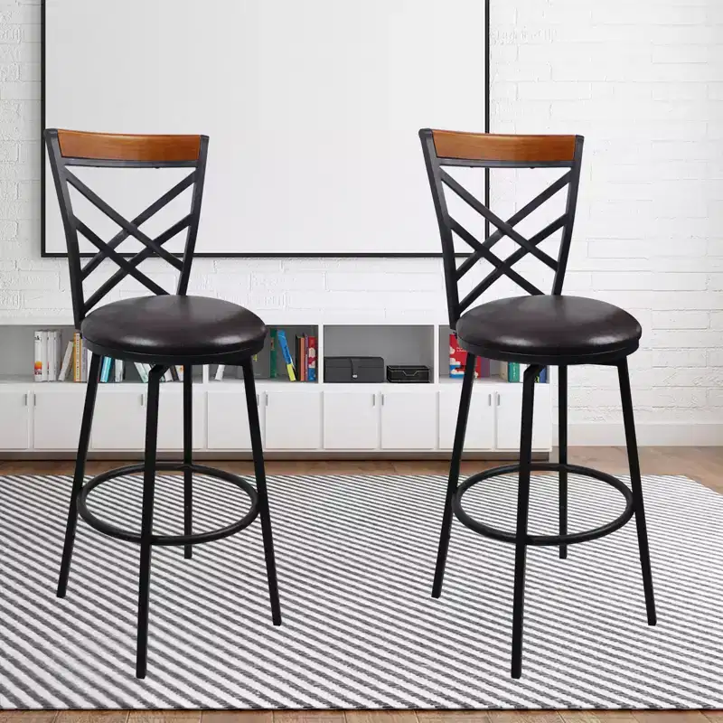 eHemco Swivel Metal Kitchen Counter Barstool with Double X Back Upholstered Faux Leather Seat, Espresso and Black, Set of 2