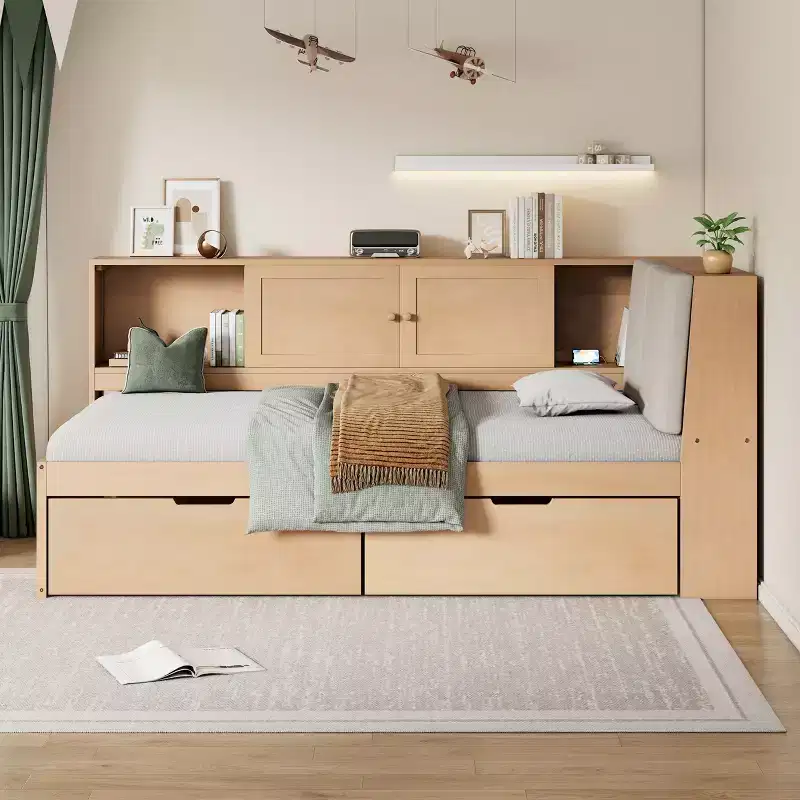 Merax Wooden L-Shaped Daybed with Upholstered Storage Headboard, USB Charging Ports & Storage Bookcase